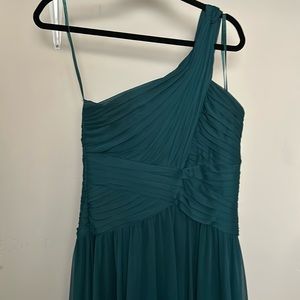 Emerald green, one shoulder, formal dress, tea length
